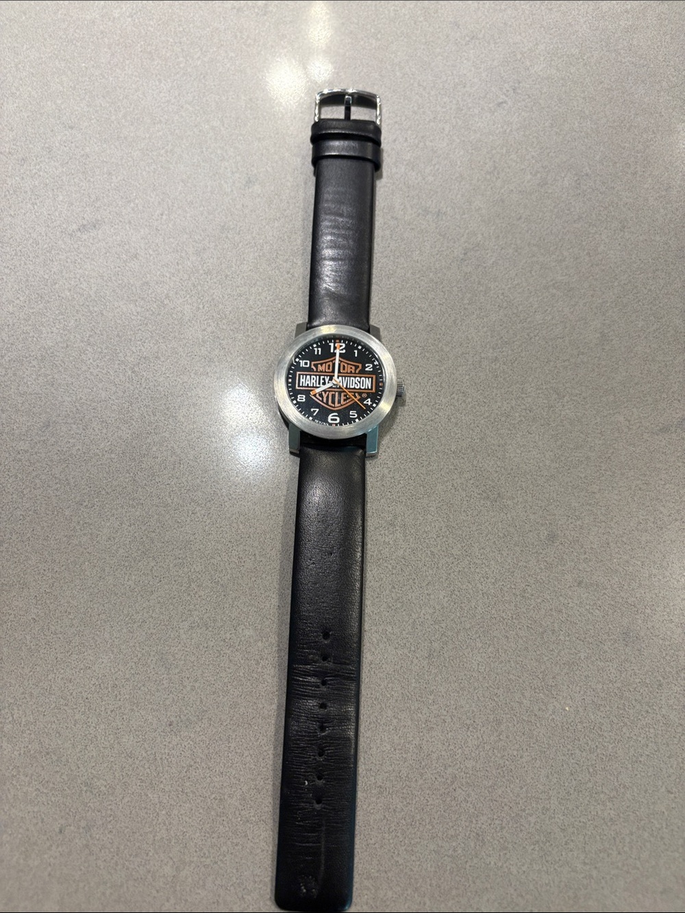 Harley-Davidson Black Leather Strap Watch with Orange Logo Accents